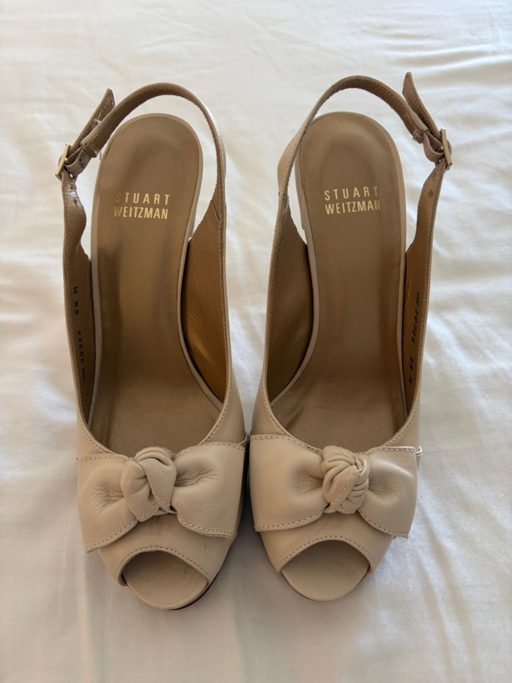Stuart Weitzman Cream Peep-Toe Slingback Heels with Knot Accent - Picture 6 of 6